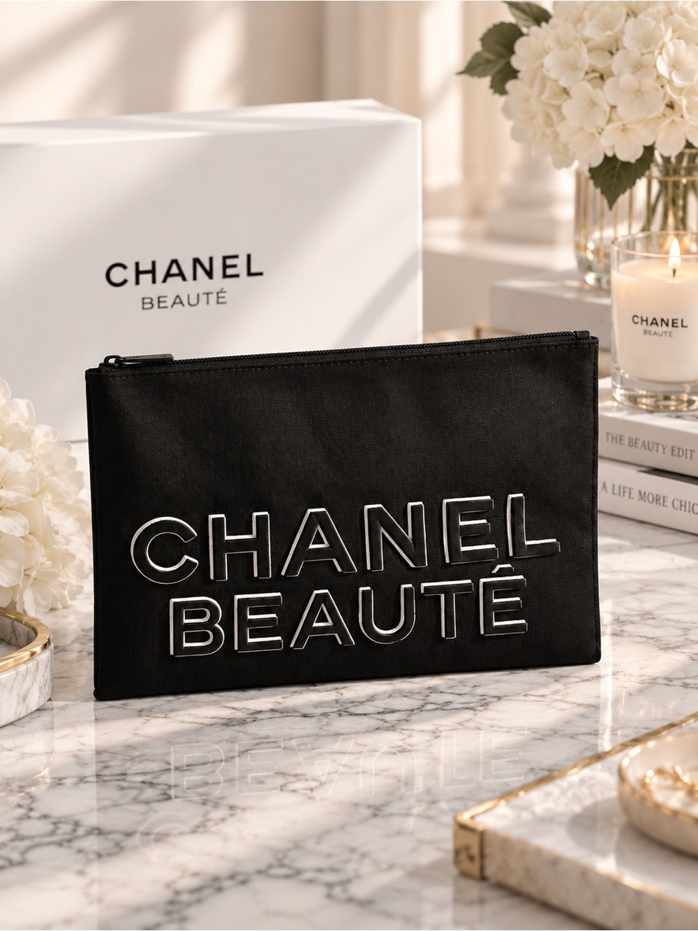 CHANEL BEAUTĒ Black Cosmetic Pouch with Raised Logo